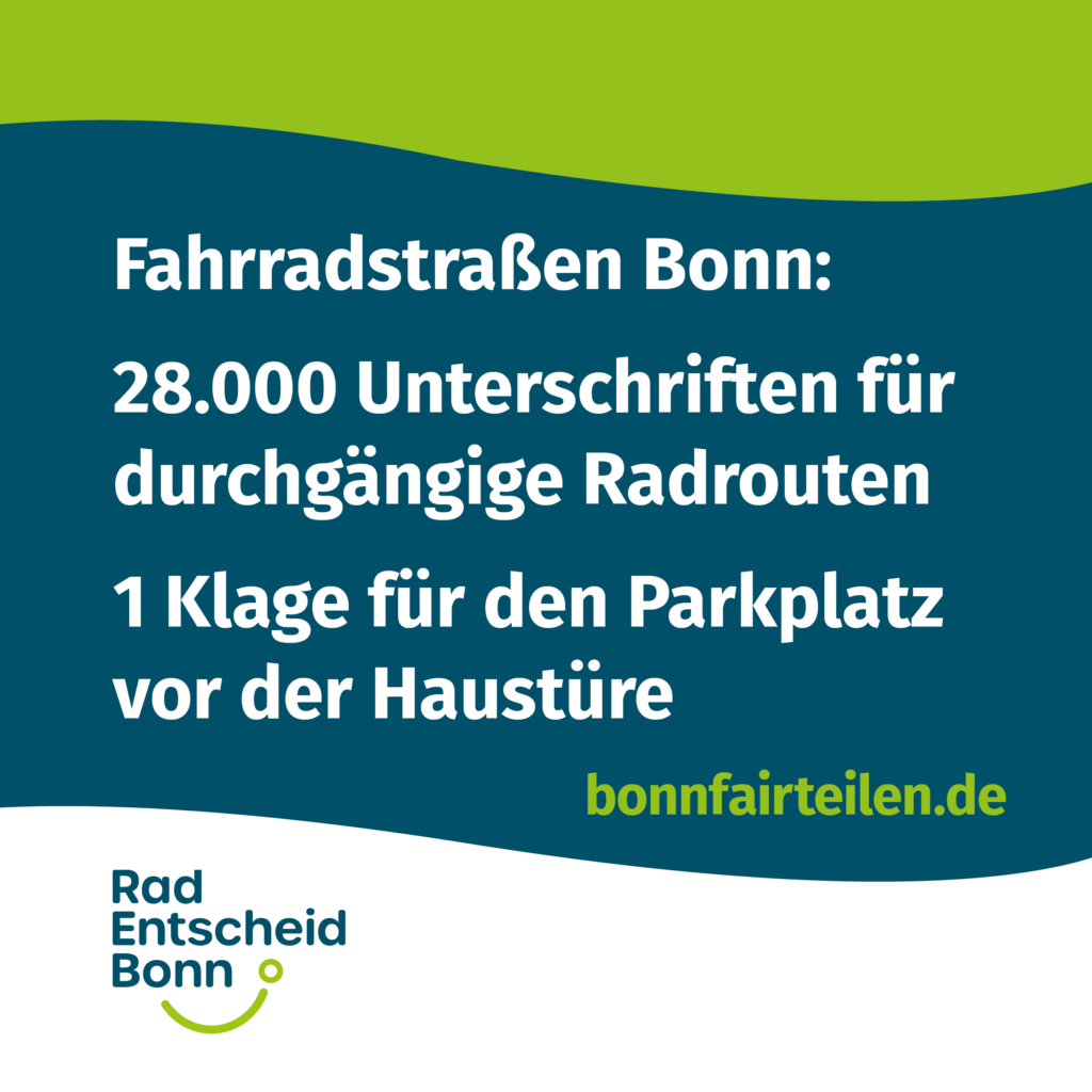 21.000 Unterschriften für durchgängige Radrouten. 1 Klage für den Parkplatz vor der Haustüre.